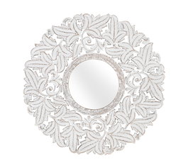 GINER Y COLOMER Espejo Redondo Decorativo Tallado a Mano, MDF, Acabado Pátina Blanca, Diámetro 120 cm